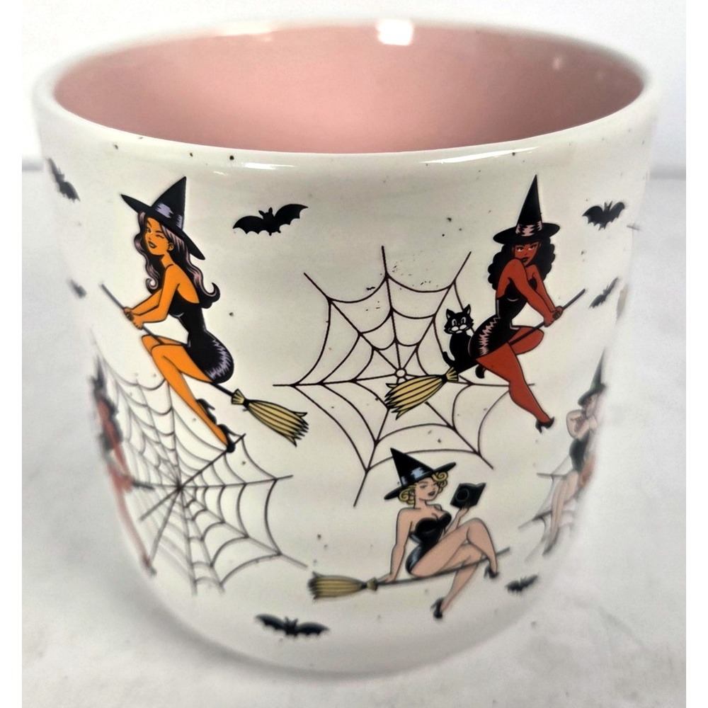 Halloween Pin Up Witch Mug Retro Bats Spiderweb Pink Interior Ceramic Coffee Cup
